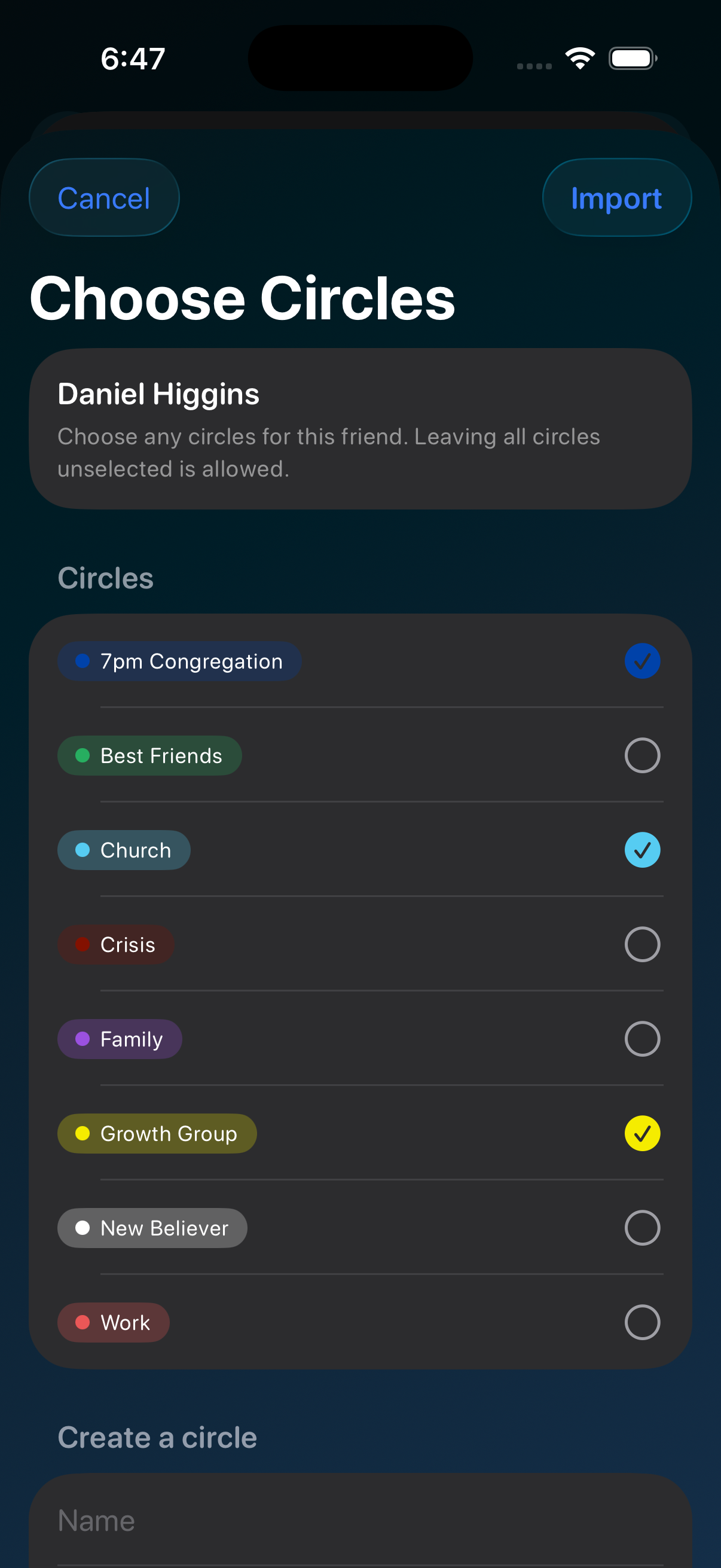 The Circles screen in Koinonia, listing groups with colours and member counts