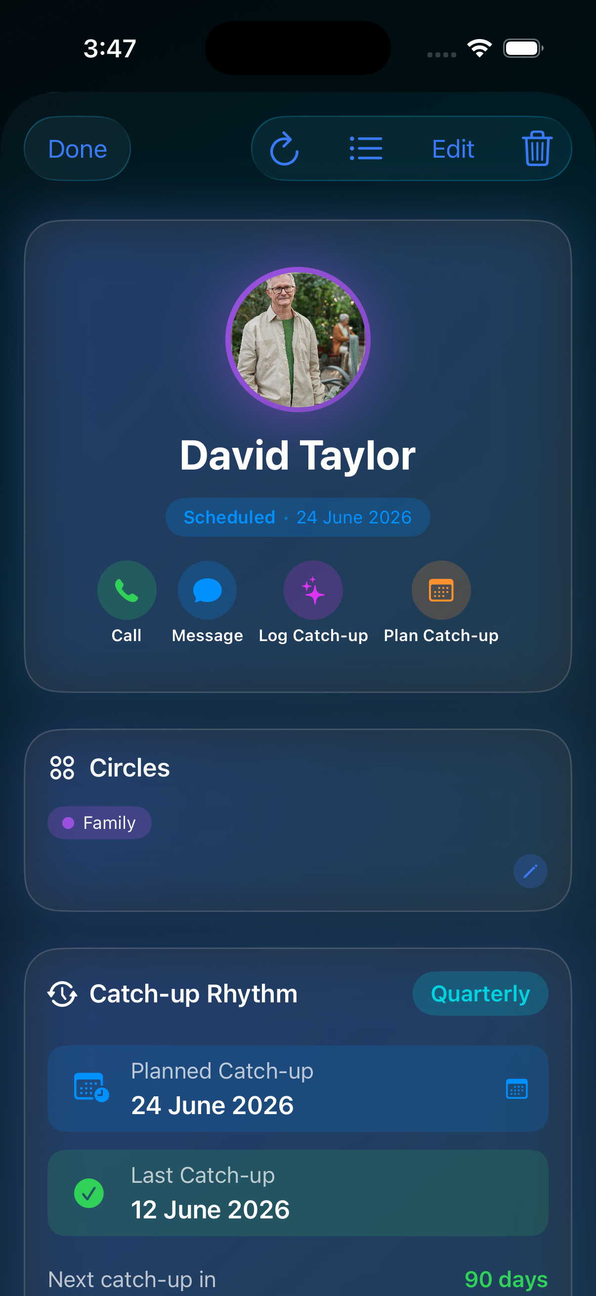 A friend's profile in Koinonia showing catch-up rhythm, agenda, reminders, and other details