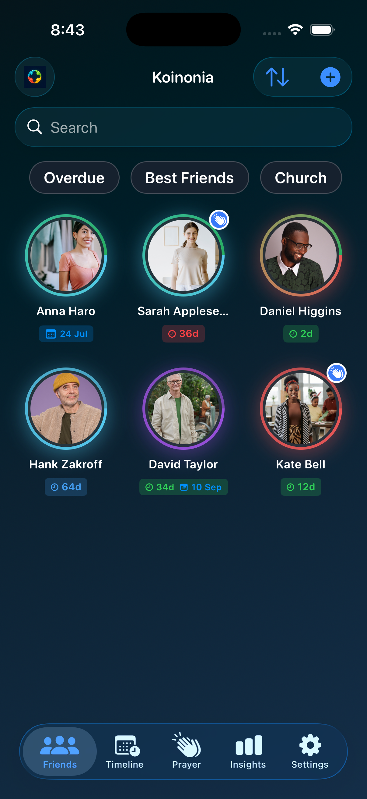 The Koinonia friends list, showing friends as photo bubbles with coloured rings for their circles
