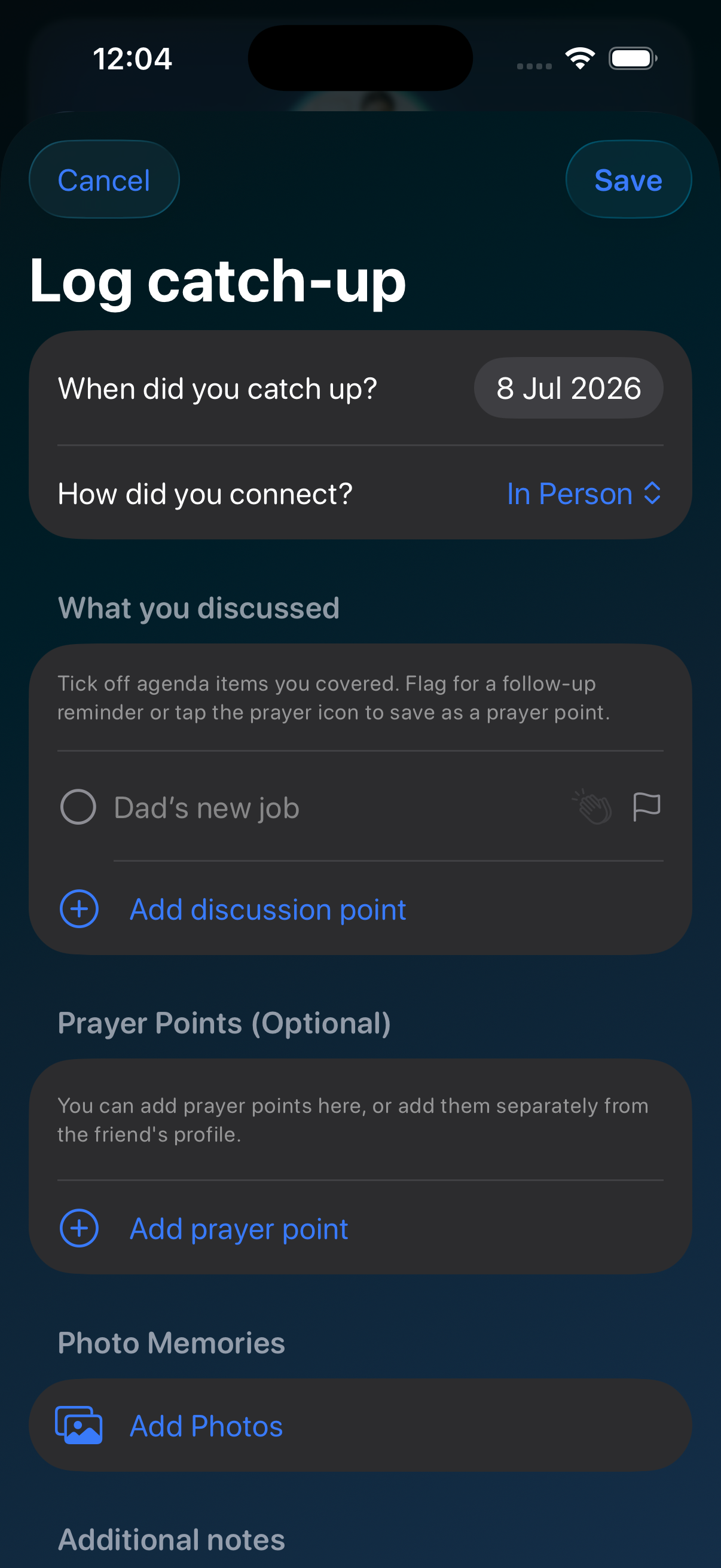 Logging a catch-up in Koinonia with discussion topics, notes, and photo memories