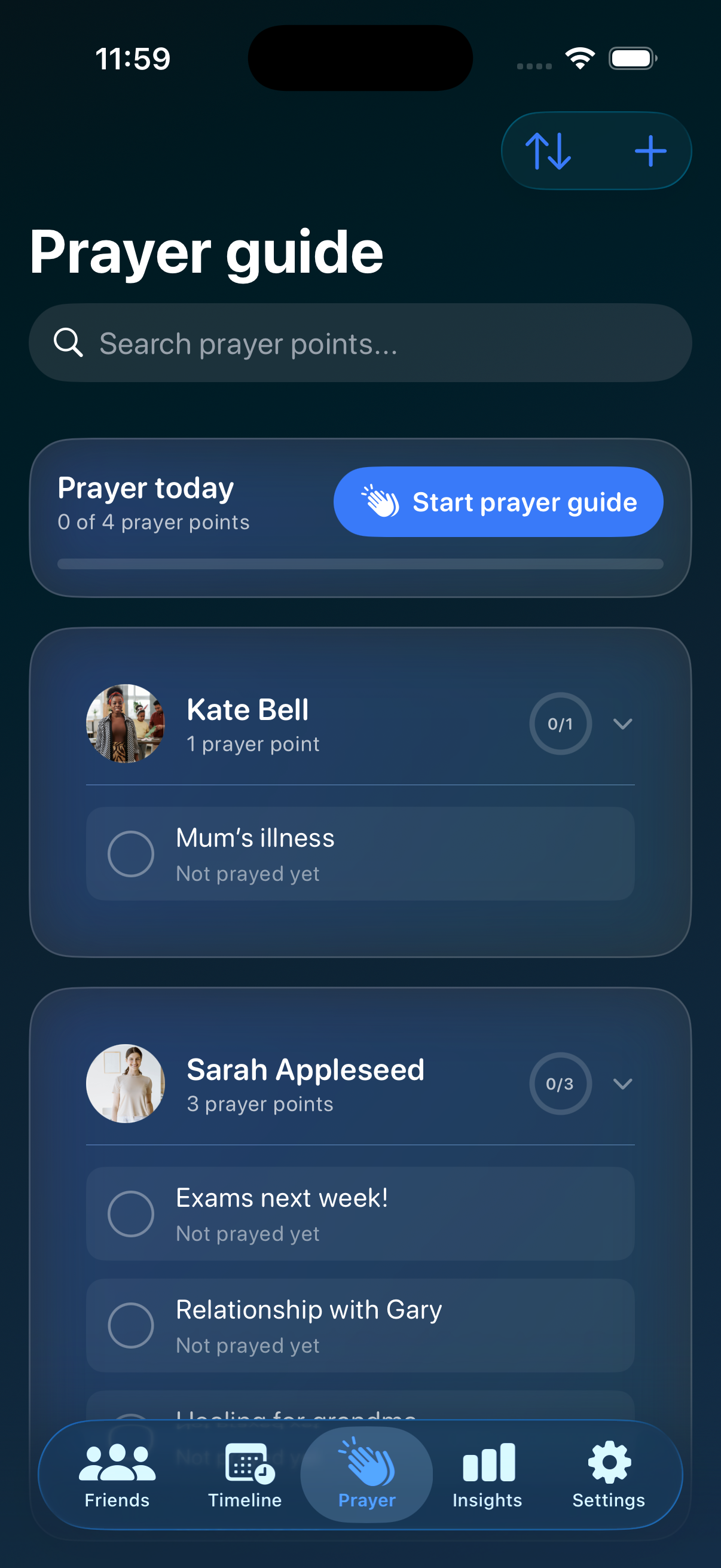 The Prayer guide in Koinonia, listing what to pray for grouped by friend