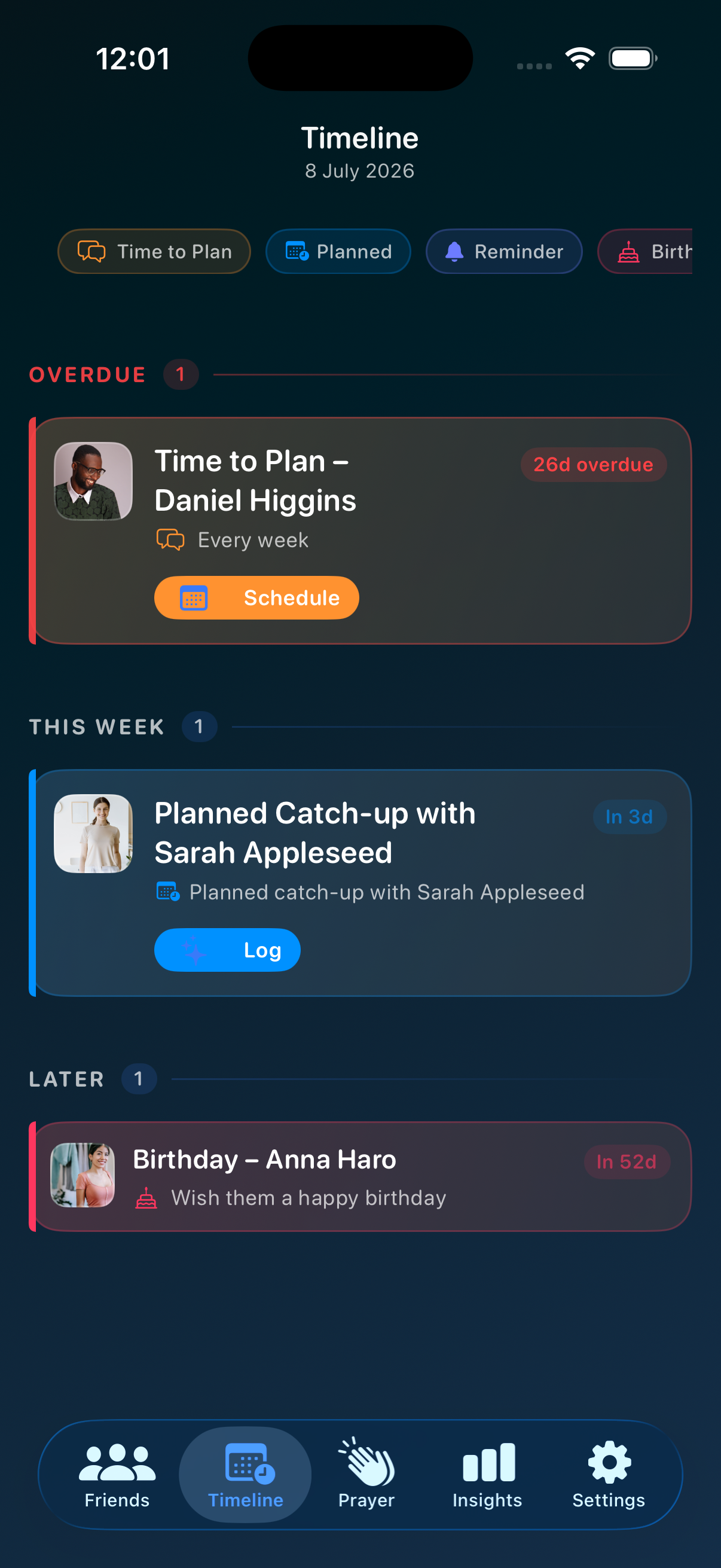 The Koinonia timeline, grouping catch-ups and birthdays into Today, This Week and Later